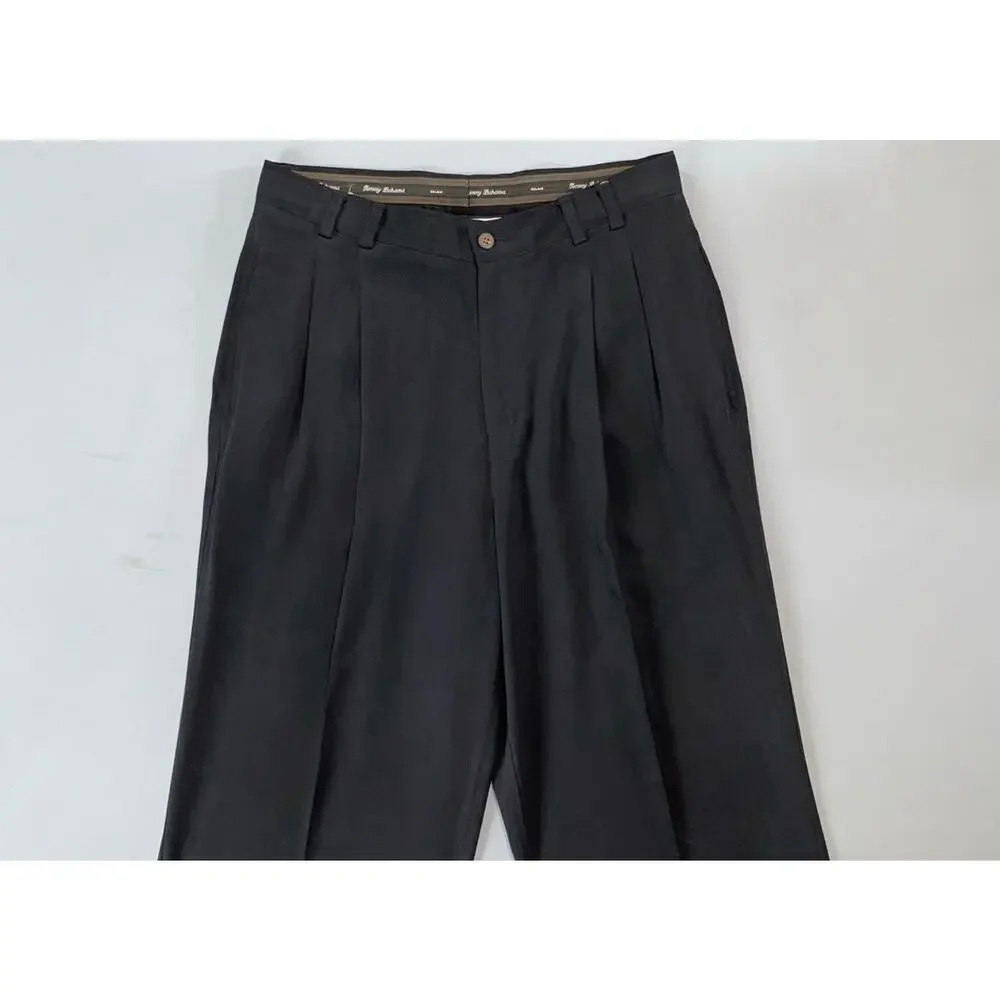 Tommy Bahama Pleated Relaxed Fit 100% Silk Chino Pants. Black Herringbone, 31X28